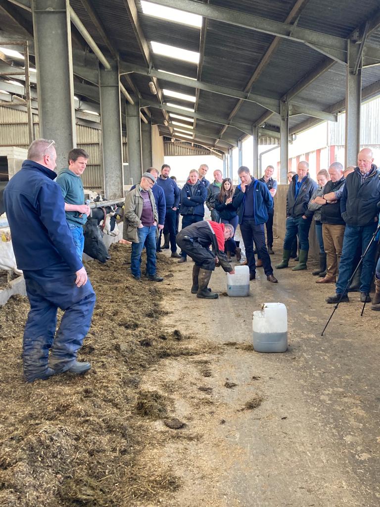 Guests to Potstown farm standing in the shed along the feeding aisle listening to the speaker